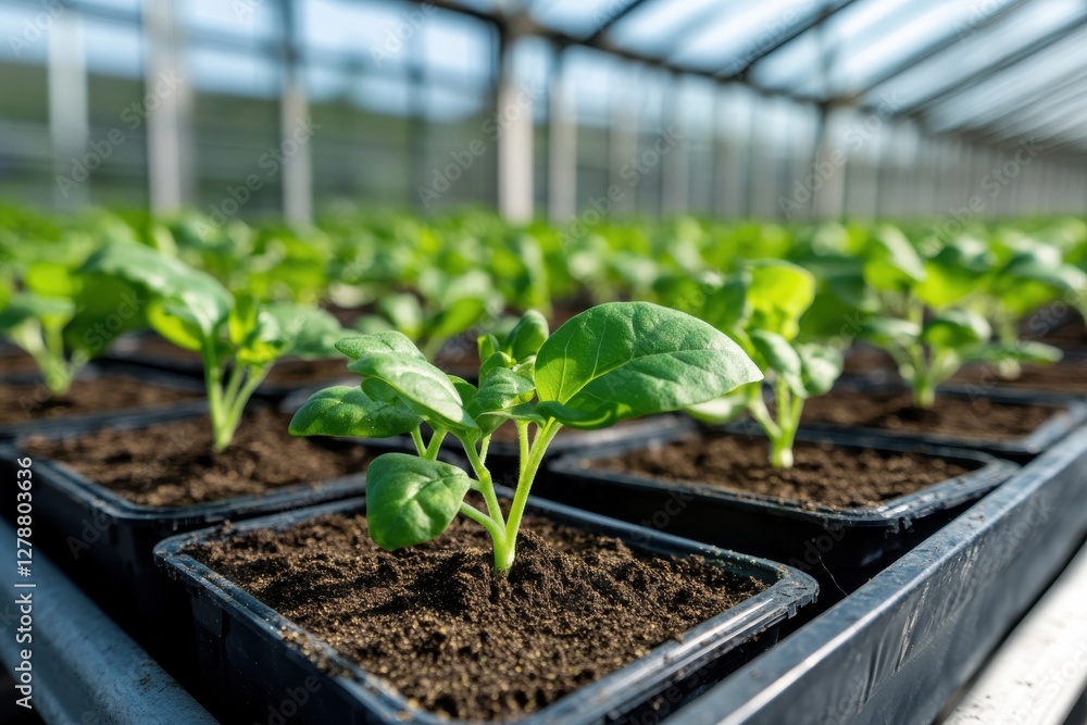 This image captures the beauty of fresh seedlings thriving in trays, basking in natural sunlight within a greenhouse, highlighting nurturing and growth. This image captures the beauty of fresh seedlings thriving in trays, basking in natural sunlight within a greenhouse, highlighting nurturing and growth.