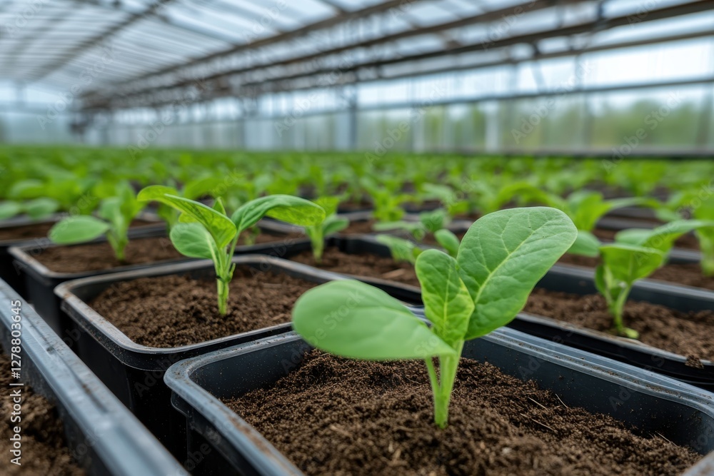 A close-up view of young plants growing in soil-filled trays inside a greenhouse, emphasizing the nurturing environment crucial for plant development. A close-up view of young plants growing in soil-filled trays inside a greenhouse, emphasizing the nurturing environment crucial for plant development.