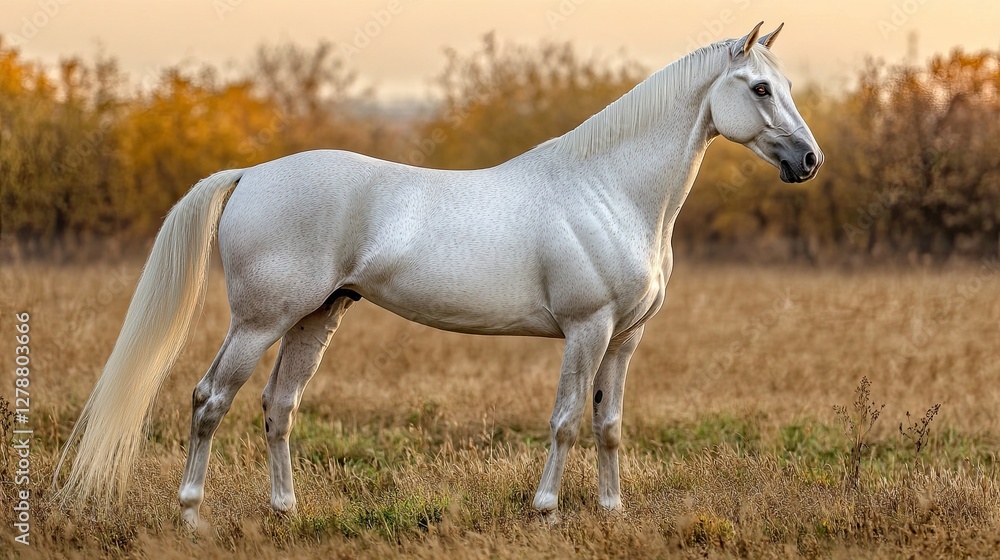 Akhal-Teke horse standing in a sunset meadow . Akhal-Teke horse standing in a sunset meadow .