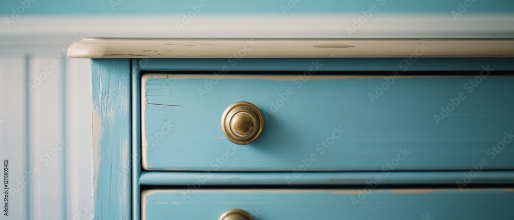 Fototapeta premium Close-up of a vintage blue dresser with brass knobs, showcasing its rustic charm against a softly lit, pastel background.
