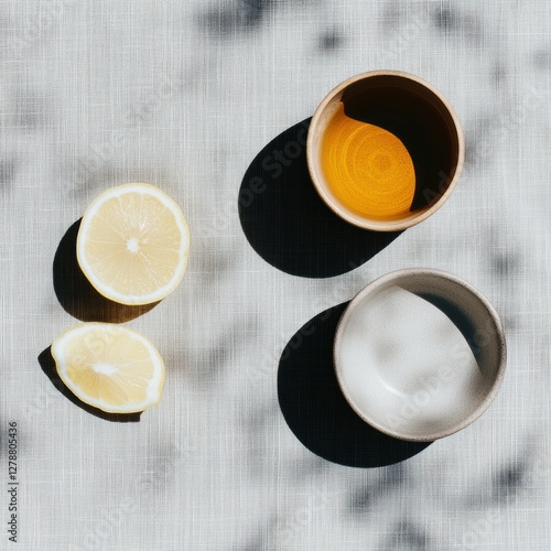 Scandinavian Breakfast Visuals Honey, Lemon, and Ceramic Elements on Linen Texture - Contemporary Lifestyle Content and Daily Wellness Branding for Modern Homemakers photo