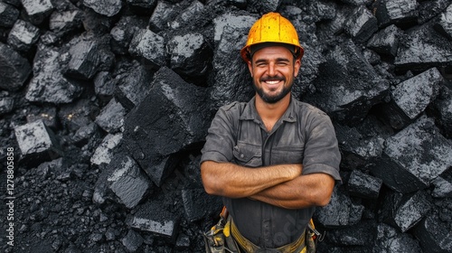 Coal miner standing near coal pile