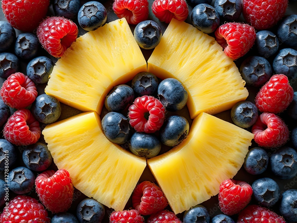 Obraz premium Vibrant Fruit Arrangement with Pineapple, Blueberries, and Raspberries