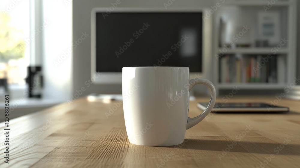 A close-up of a white coffee mug on a wooden table in a modern living room with a TV A close-up of a white coffee mug on a wooden table in a modern living room with a TV