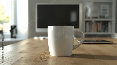 A close-up of a white coffee mug on a wooden table in a modern living room with a TV