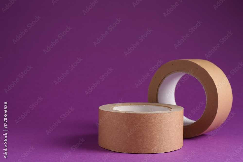 Rolls of masking tapes on violet background, space for text Rolls of masking tapes on violet background, space for text