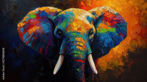 Close-up of an abstract elephant’s head, bursting with vibrant hues—blues, greens, yellows. Colors blend in dynamic swirls, evoking emotion and energy. The bold composition invites the viewer into a k photo