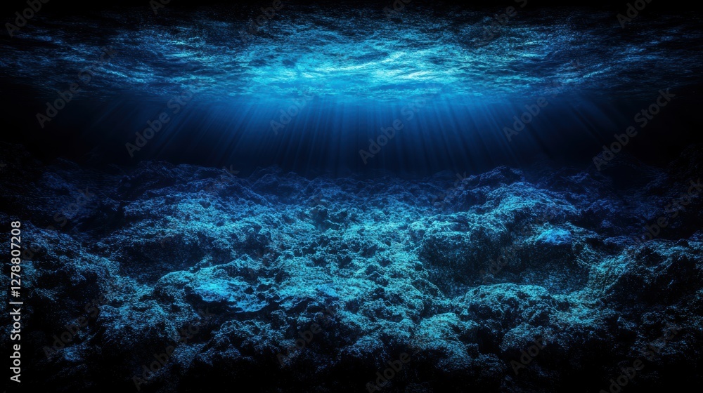 Fototapeta premium Deep Dark Ocean Depths with Light Beams from Above