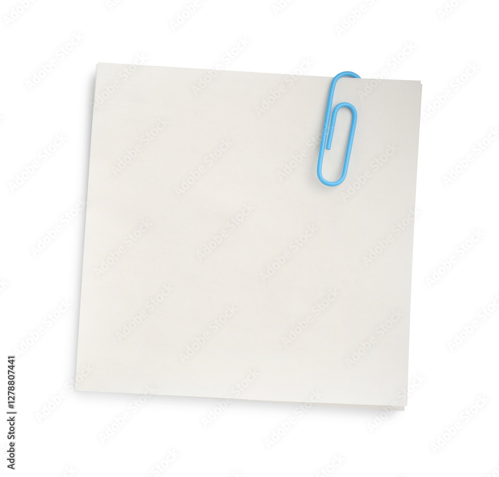 Blank paper note attached with clip isolated on white, top view Blank paper note attached with clip isolated on white, top view