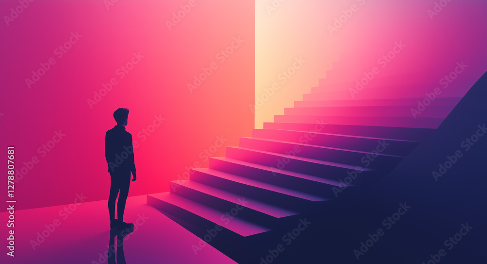 Silhouette of a man before a vivid pink staircase, symbolizing personal growth, career advancement, educational goals, spiritual awakening, and creative potential in one conceptual image. Silhouette of a man before a vivid pink staircase, symbolizing personal growth, career advancement, educational goals, spiritual awakening, and creative potential in one conceptual image.