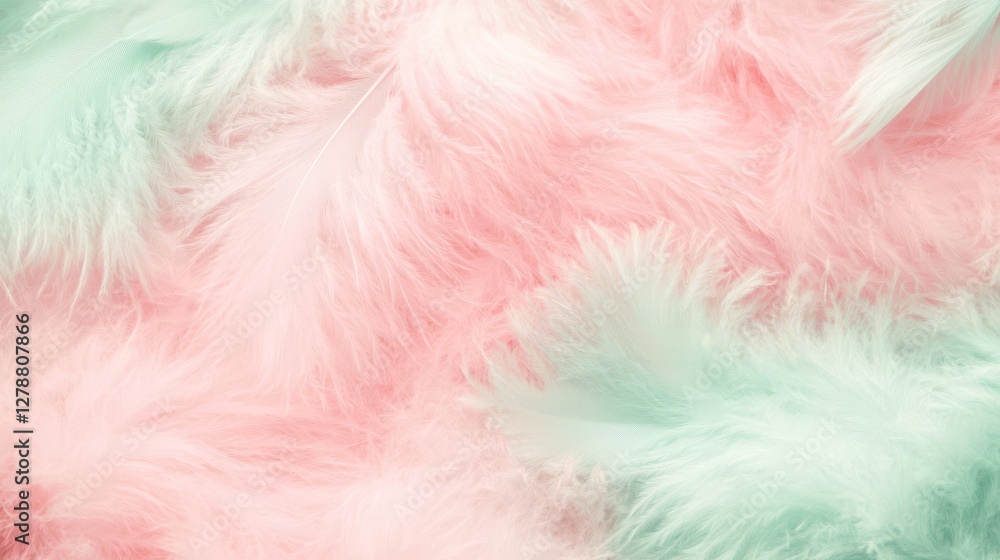 A top view of long feathers in soft pink and green cotton candy colors, creating a fluffy, textured pattern. A top view of long feathers in soft pink and green cotton candy colors, creating a fluffy, textured pattern.