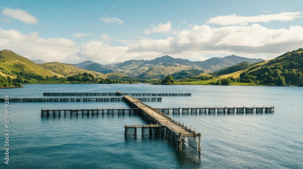 Scenic view of a wooden pier extending into tranquil waters surrounded by lush hills and mountains Scenic view of a wooden pier extending into tranquil waters surrounded by lush hills and mountains