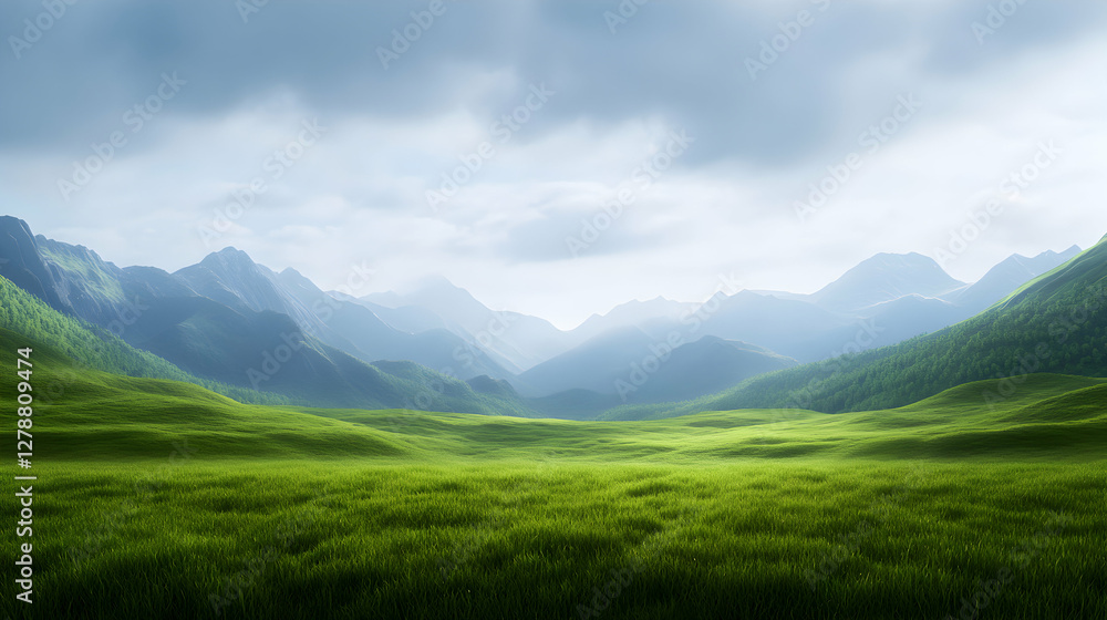 Fototapeta premium A serene landscape featuring lush green fields and majestic mountains under a cloudy sky, perfect for nature lovers and those seeking tranquility.