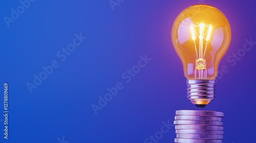 A glowing lightbulb atop a stack of coins symbolizes innovative ideas and financial growth against a vibrant blue background.