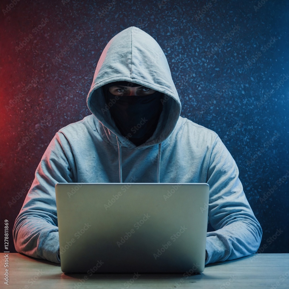 A hacker with hidden face in a hoodie using a laptop A hacker with hidden face in a hoodie using a laptop
