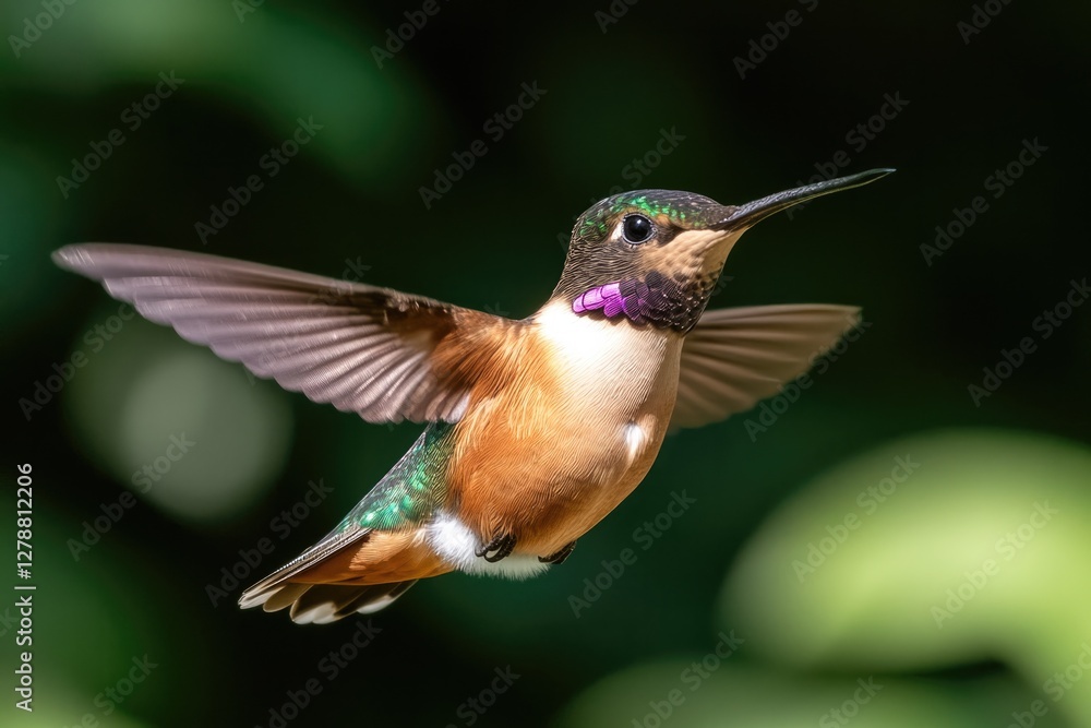 Fototapeta premium Vibrant hummingbird in mid-flight, showcasing iridescent feather