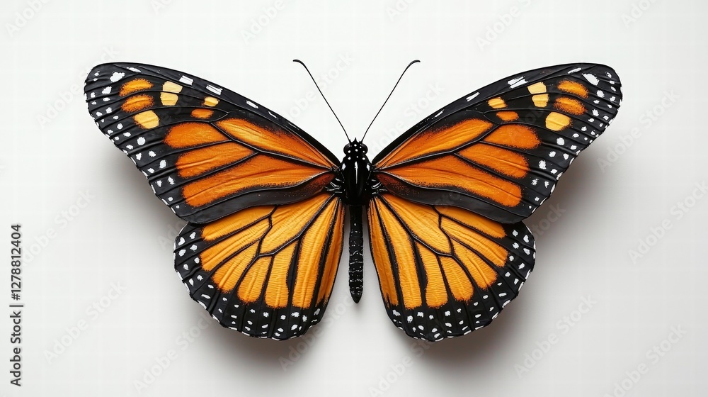 Fototapeta premium Vibrant monarch butterfly displaying its stunning orange and black wings against a pure white background