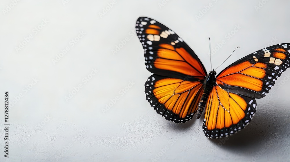 Obraz premium Striking monarch butterfly perched elegantly on a smooth white surface, showcasing its beautiful wings