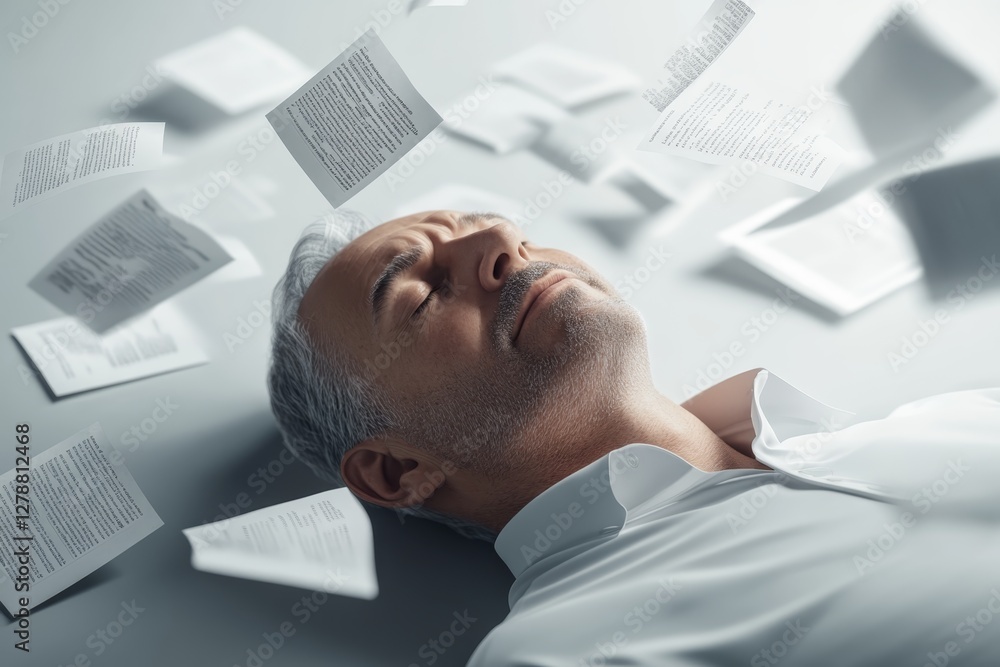 Obraz premium Man relaxing with papers floating around him in a serene environment