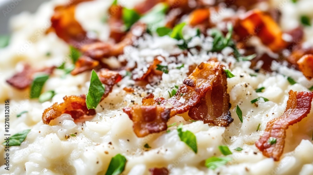 Closeup view of creamy risotto, showcasing a generous topping of crispy bacon pieces, scattered parmesan cheese, and fresh parsley. The risotto's texture appears smooth and creamy, with the bacon Closeup view of creamy risotto, showcasing a generous topping of crispy bacon pieces, scattered parmesan cheese, and fresh parsley. The risotto's texture appears smooth and creamy, with the bacon