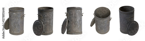 5 old iron garbage cans
