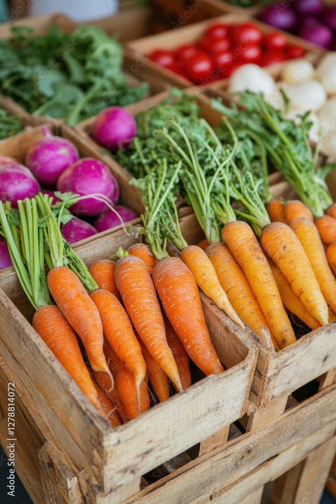 Rustic Farm Fresh Display Seasonal Root Vegetables and Leafy Greens in Wooden Crate for Sustainable Market and Farm-to-Table Content Creation Rustic Farm Fresh Display Seasonal Root Vegetables and Leafy Greens in Wooden Crate for Sustainable Market and Farm-to-Table Content Creation