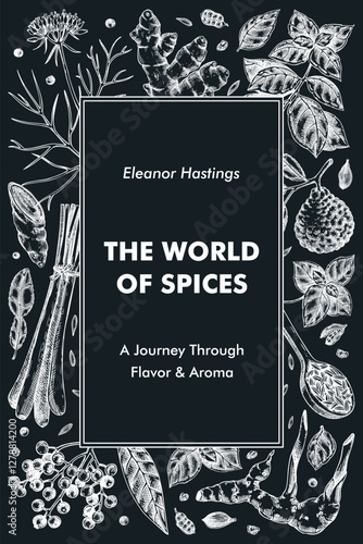 Sketch-style book cover design. Hand-drawn spices vector illustration. Basil, galangal, cumin, cilantro, turmeric, lemongrass, lime sketches. Herbs background. NOT AI generated
