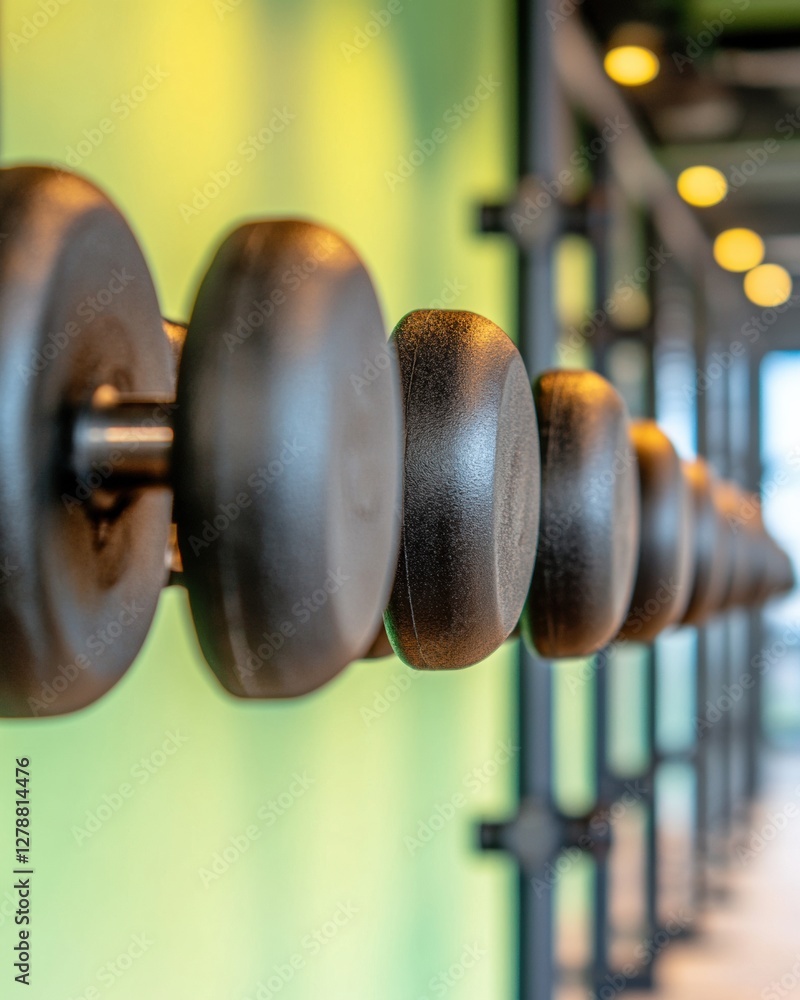 Obraz premium Contemporary Industrial Gym Aesthetic Sleek Weight Rack on Textured Wall - Professional Fitness Hub for Enhanced Workout Experience and Modern Business Environment Showcasing