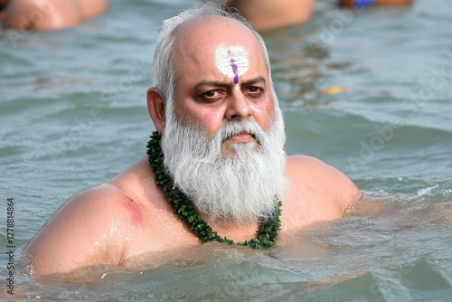 A Hindu devotee in colorful traditional dress takes part in the sacred Kumbh Mela festival
