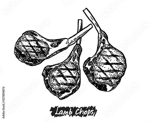 Hand drawn illustration of Lamb chops. Meat products templates collection for menu design, flyers and brochures. Engraving style hand drawn sketch, vector illustration.
