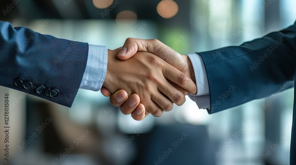 A handshake between two executives in a corporate setting A handshake between two executives in a corporate setting