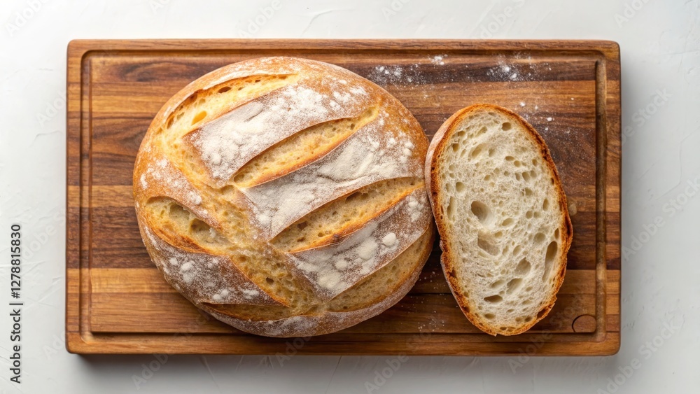 sourdough and probiotic concept. Freshly baked round bread on a wooden cutting board, sliced open. sourdough and probiotic concept. Freshly baked round bread on a wooden cutting board, sliced open.