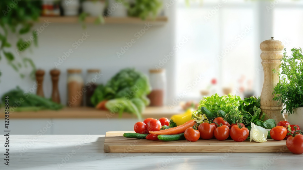 Fresh vegetables arranged on wooden cutting board in bright kitchen Fresh vegetables arranged on wooden cutting board in bright kitchen