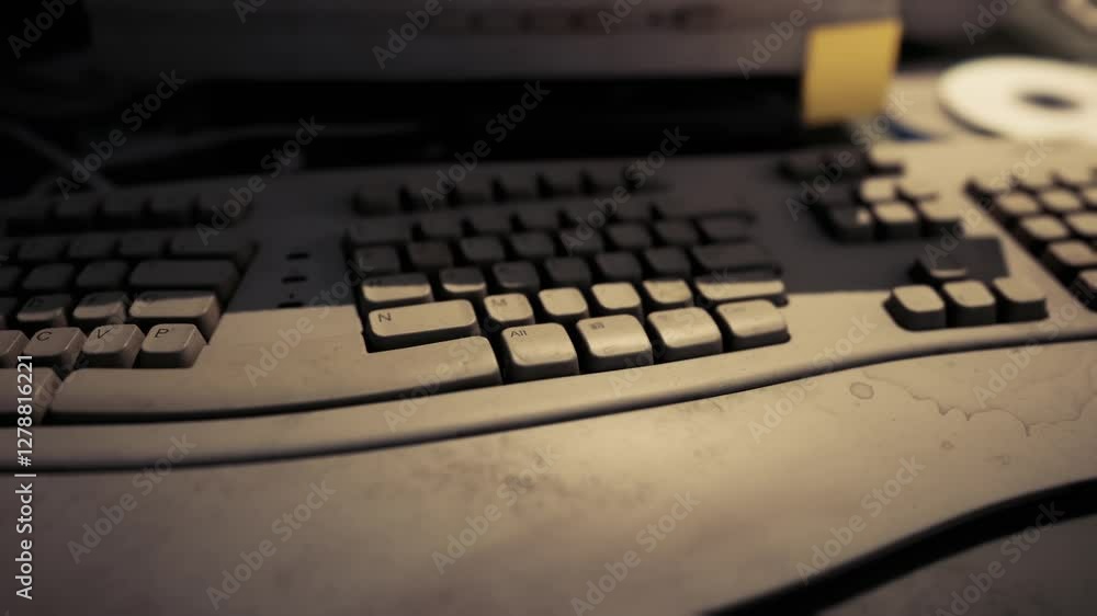 A dusty keyboard sits on a cluttered desk illuminated by warm lighting, creating a cozy yet neglected atmosphere during the nighttime hours. A dusty keyboard sits on a cluttered desk illuminated by warm lighting, creating a cozy yet neglected atmosphere during the nighttime hours.