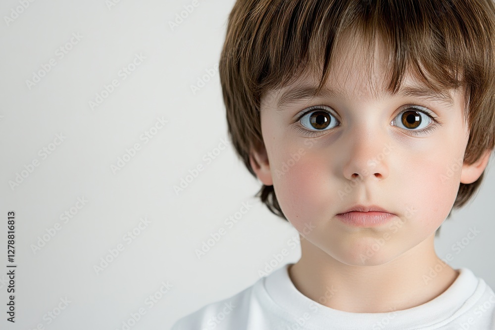 Child with a disappointed expression against a clean white background in a studio setting Child with a disappointed expression against a clean white background in a studio setting