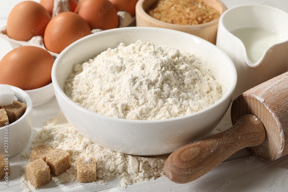 Rolling pin and ingredients for dough on white wooden table, closeup Rolling pin and ingredients for dough on white wooden table, closeup