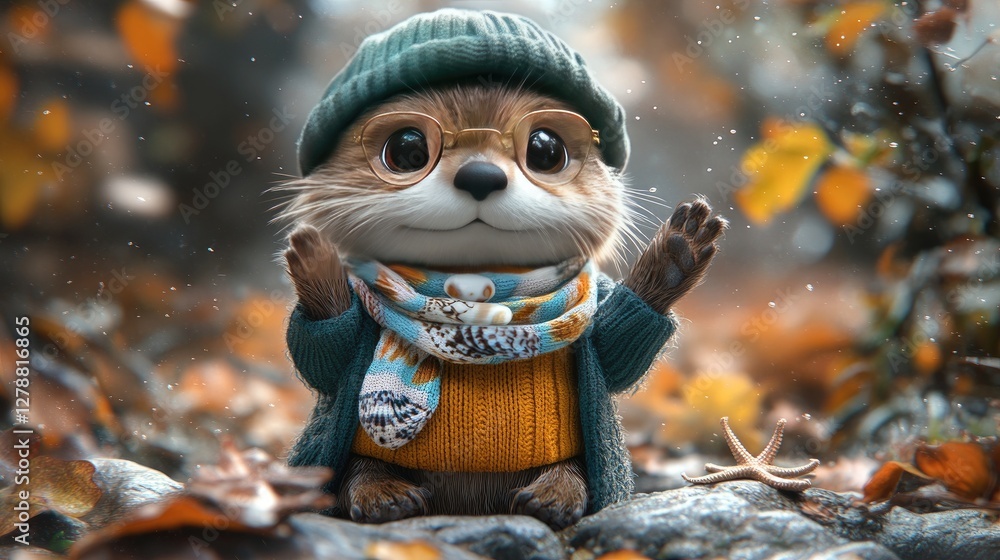 Obraz premium Adorable Otter in Autumn Outfit Digital Art