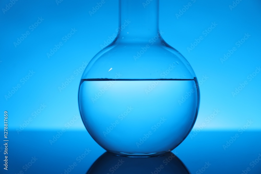 Flask with liquid on mirror surface against light blue background, closeup. Laboratory equipment Flask with liquid on mirror surface against light blue background, closeup. Laboratory equipment