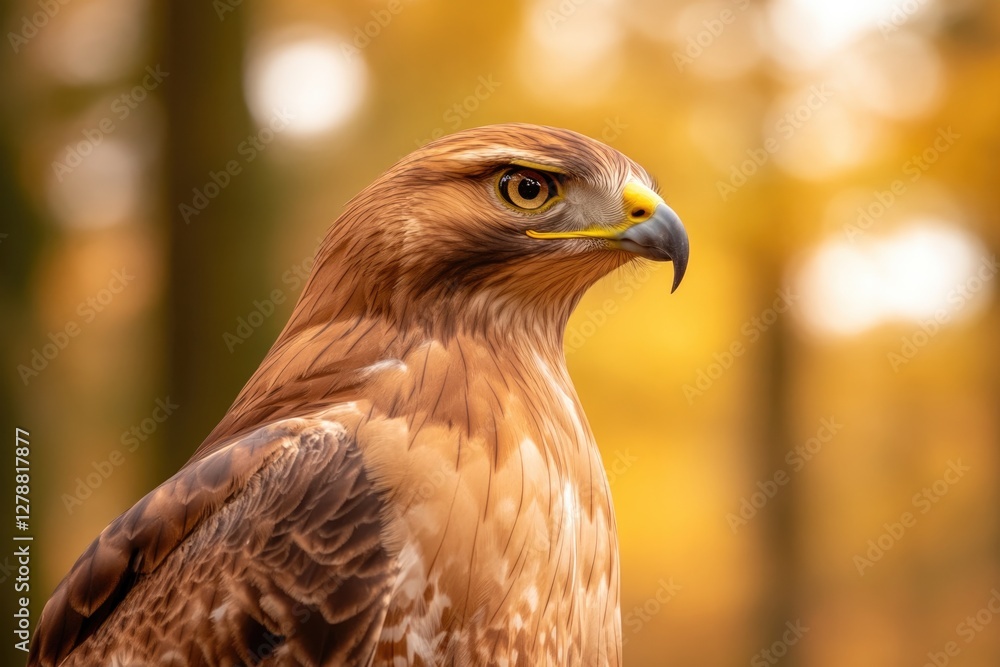 Majestic hawk perched against backdrop of vibrant autumn foliage Majestic hawk perched against backdrop of vibrant autumn foliage