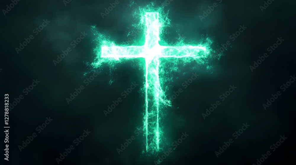 Fototapeta premium A glowing green crystal cross on a black background 