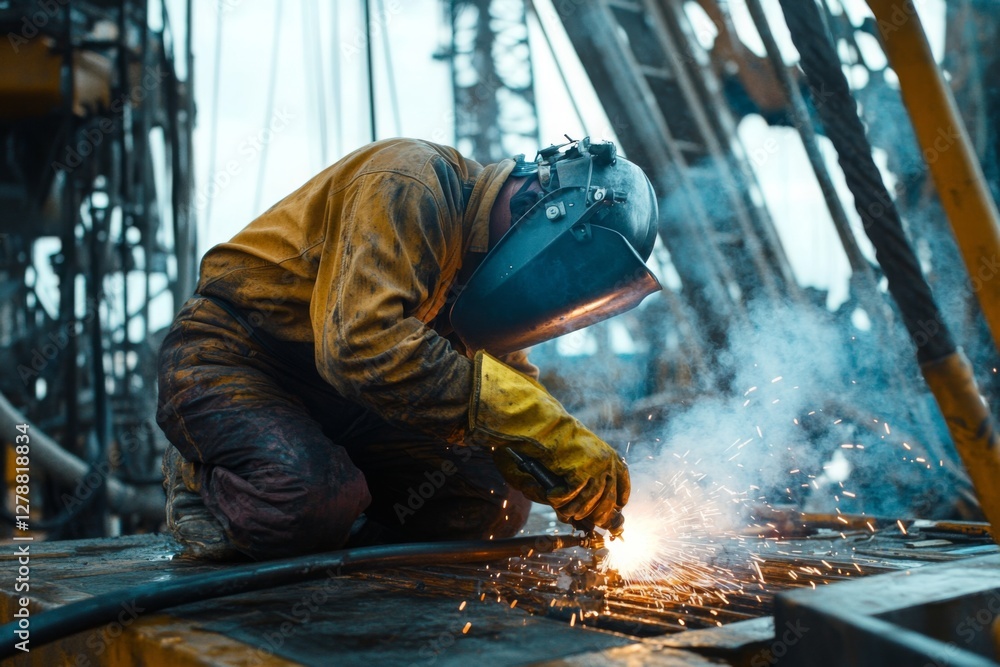 Industrial Welding on an Oil Rig with Protective Gear Industrial Welding on an Oil Rig with Protective Gear