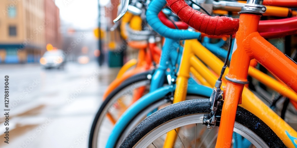 Obraz premium Vibrant Urban Bike Share Hub Colorful Docked Bicycles with Textured Handlebars - Modern Mobility Solutions and Eco-Friendly Urban Commuting Transitions