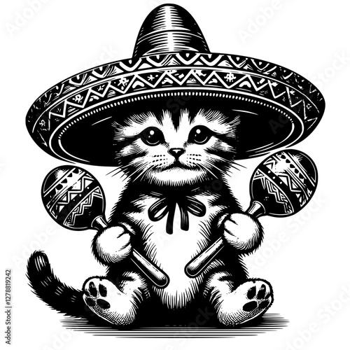 Funny kitten in mexican sombrero hat with rattles. Black and white vector sketch