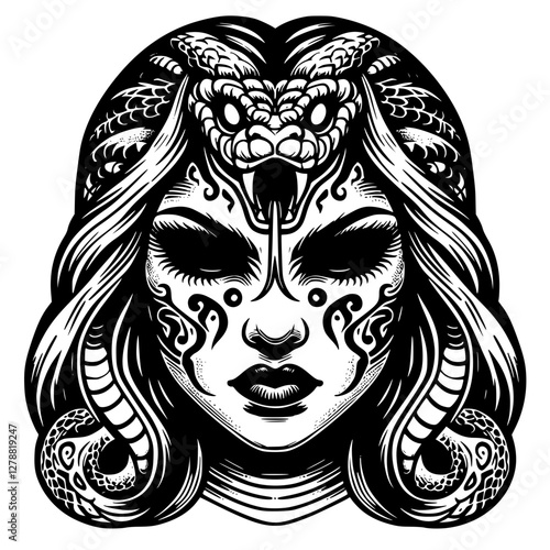 Mysterious woman face with a snake for tattoo, black and white vector image