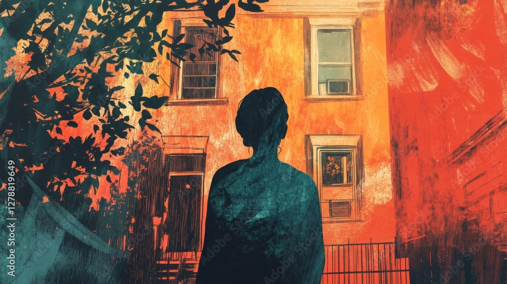 A solitary figure gazes at a vibrant, textured building under a dramatic sunset glow A solitary figure gazes at a vibrant, textured building under a dramatic sunset glow