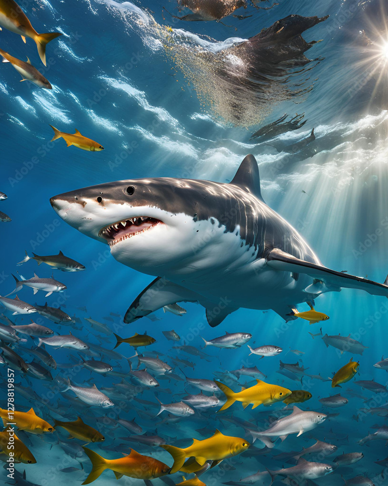 Naklejka premium great white shark, shark, ocean predator, apex predator, marine life, sea creature, underwater photography, shark attack, powerful jaws, deep-sea creature, great shark, fierce predator, aquatic wildli