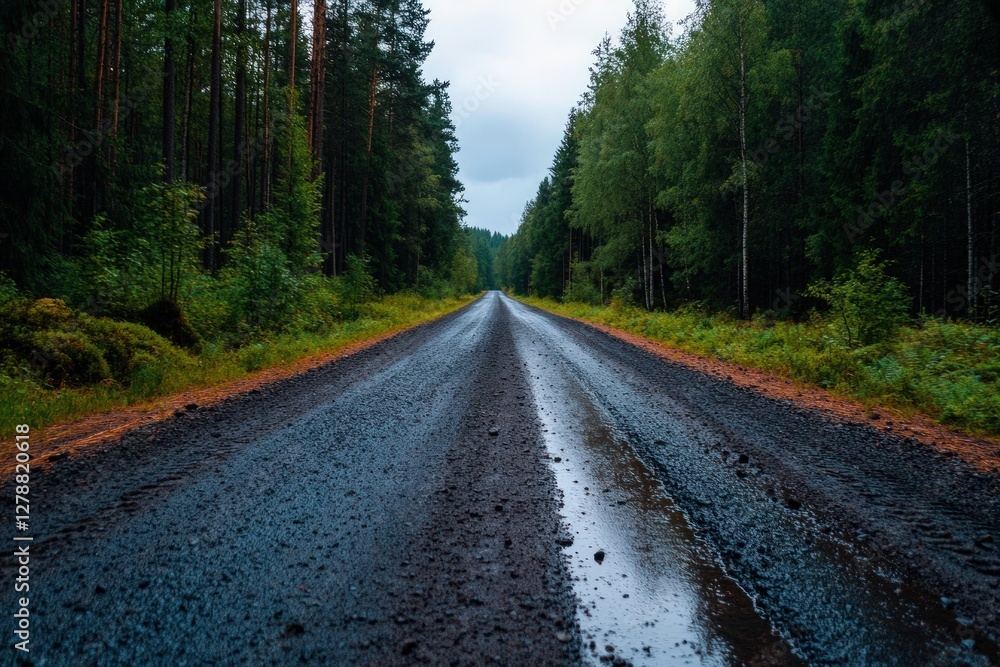 Wet forest road journey, pine trees, overcast sky, travel Wet forest road journey, pine trees, overcast sky, travel