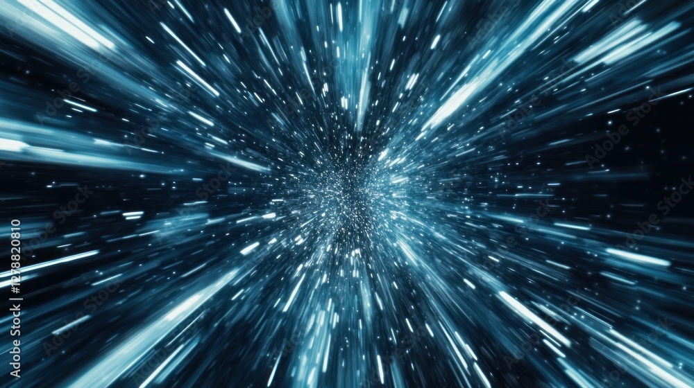 Abstract blue light streaks converging to a central point, resembling a wormhole or warp speed effect. Abstract blue light streaks converging to a central point, resembling a wormhole or warp speed effect.