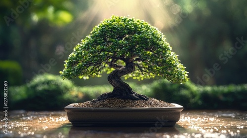 An elegant bonsai tree in a pot, placed on a wooden table with a beautiful and misty mountain backdrop. The combination of the natural beauty of the bonsai and the mountain landscape creates a peacefu