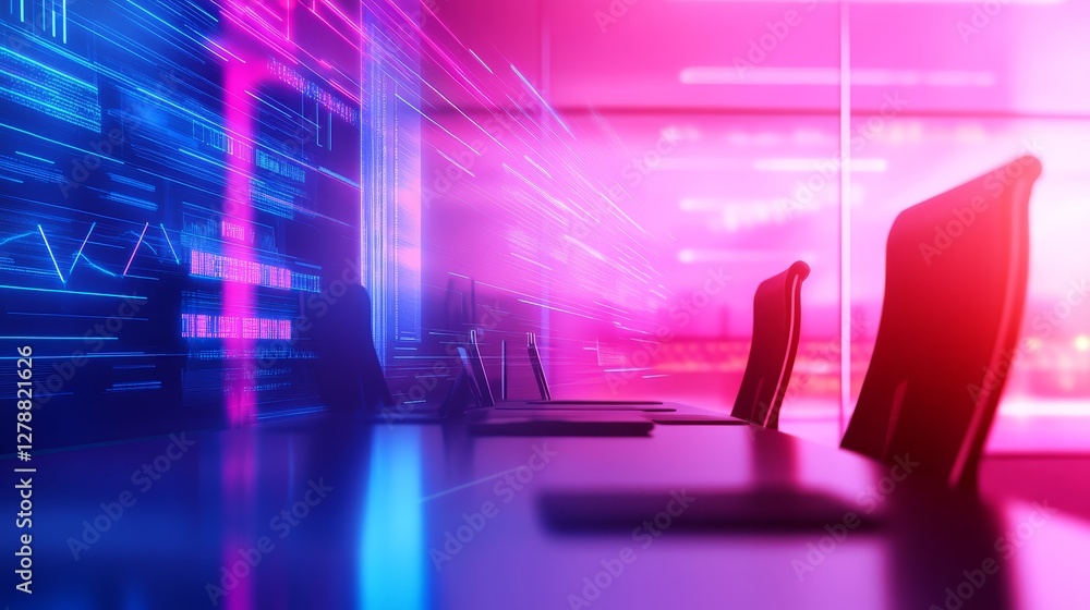 Modern office workspace with glowing data visuals and empty chairs, showcasing technology trends Modern office workspace with glowing data visuals and empty chairs, showcasing technology trends